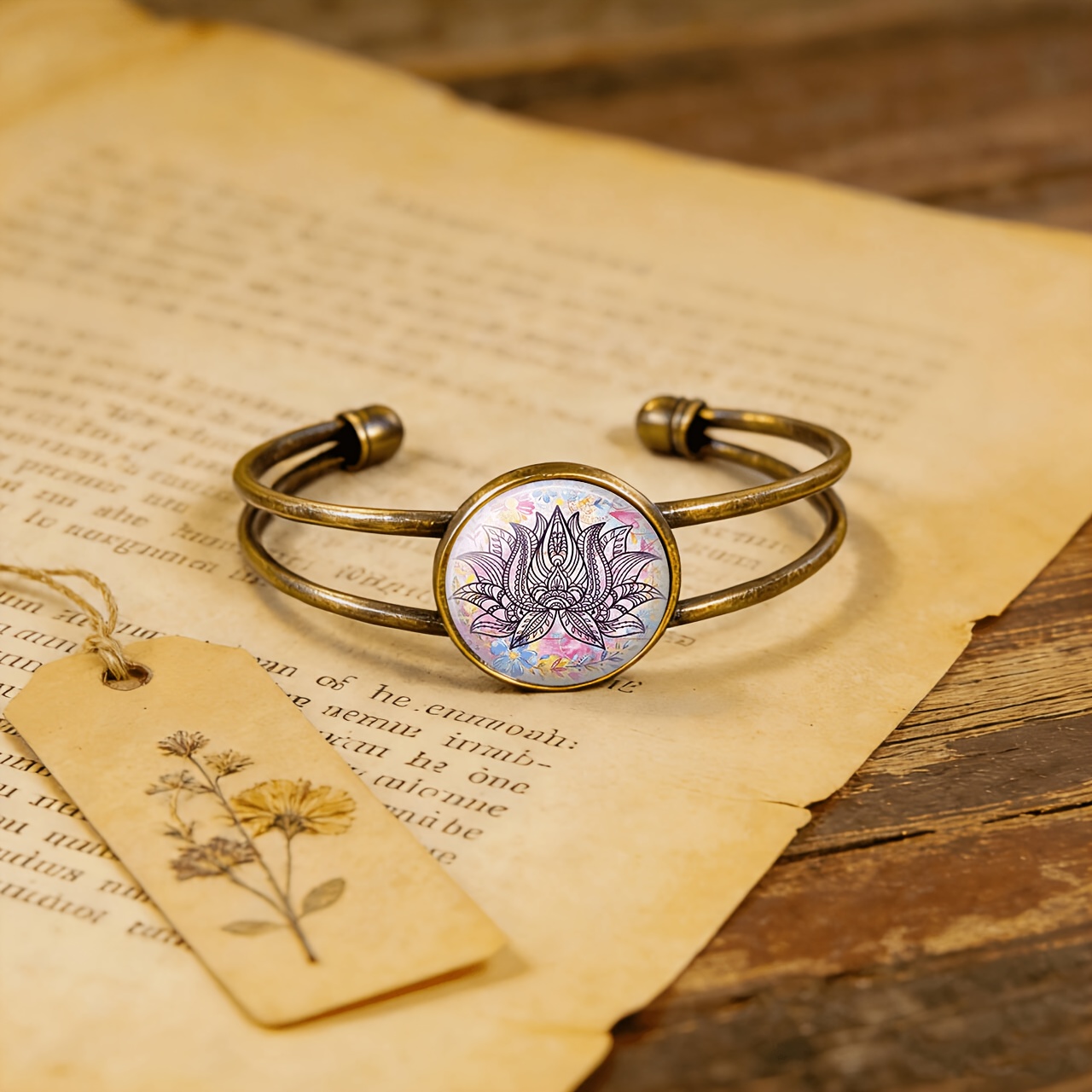 Antique Cyan Double-Layer Adjustable Opening Bracelet, Floral Motif